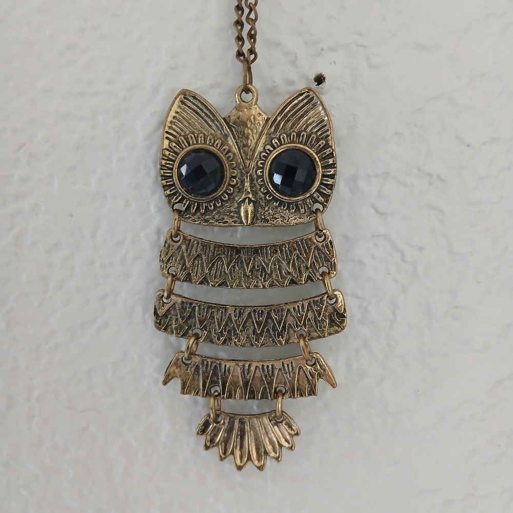 Vintage Gold Tone Owl Statement Large Articulared Art Pendant Necklace Art Deco